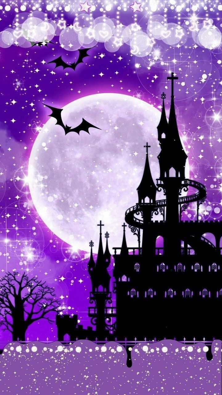 a castle with bats flying over it in front of a full moon and purple sky