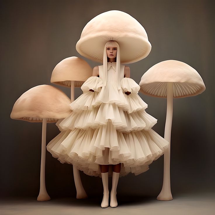 a woman is standing in front of mushrooms with her hands on her hips and wearing a white dress