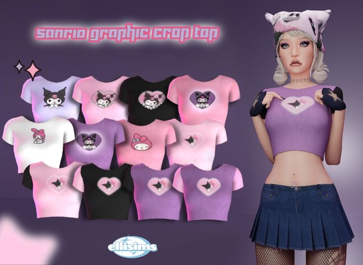 [ELLIESIMS] Sanrio Graphic Crop Top | camssimz The Sims 4 Cc Patreon, Sanrio Outfits, Sims 4 Cc Patreon, Sanrio Clothes, Cc Patreon, Sims 4 Anime, Sims 4 Download, Sims 4 Body Mods, Shirt Dress Outfit