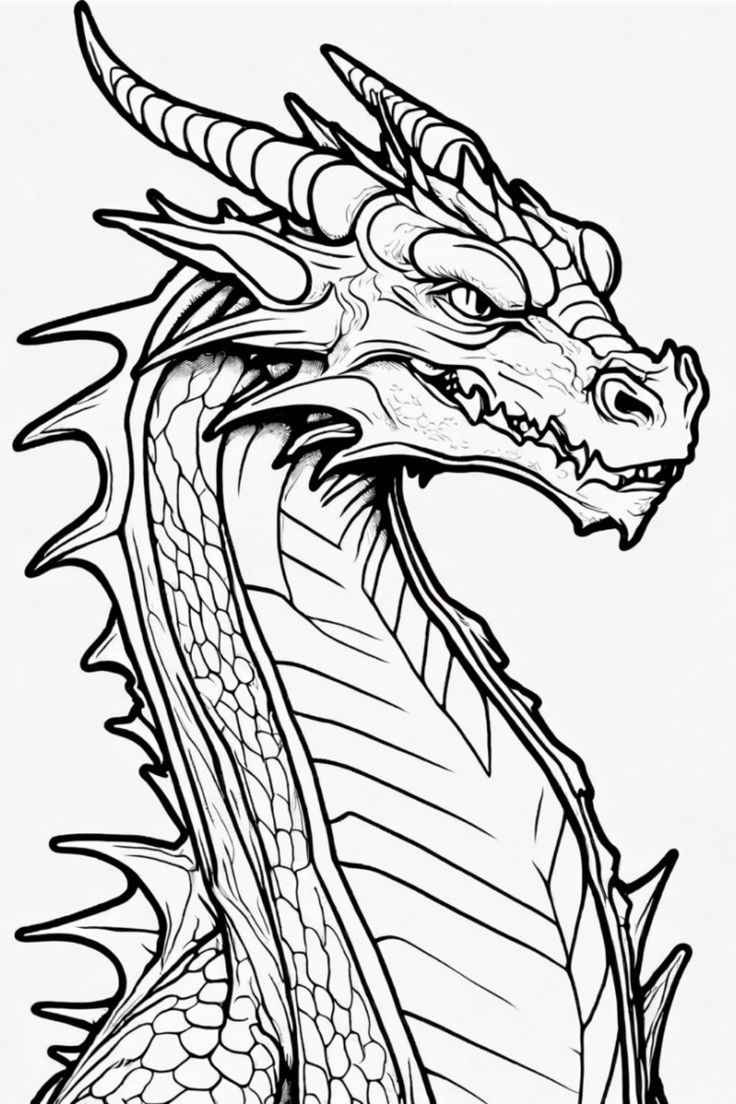 a black and white drawing of a dragon with its head turned to the right side