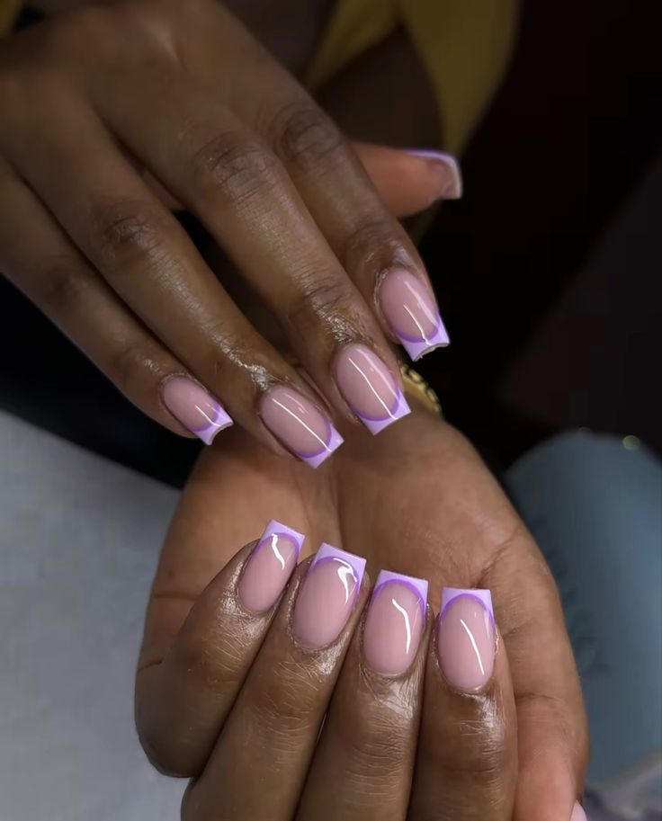 Pink Or Purple Nails, Purple Nail Inspo Acrylic Short, Nail Inspo Short Purple, Lilac Short Nails Design, Nails Acrylic Purple Lavender French Tip, French Nail Designs Purple, Cute Purple French Tip Nails, Purple French Nails Short, Lilac Nails Acrylic Lavender Short