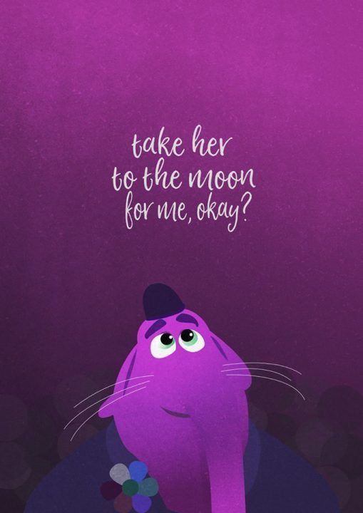 the purple cat is looking up at something with its eyes wide open, and it's saying take her to the moon for me, okay?