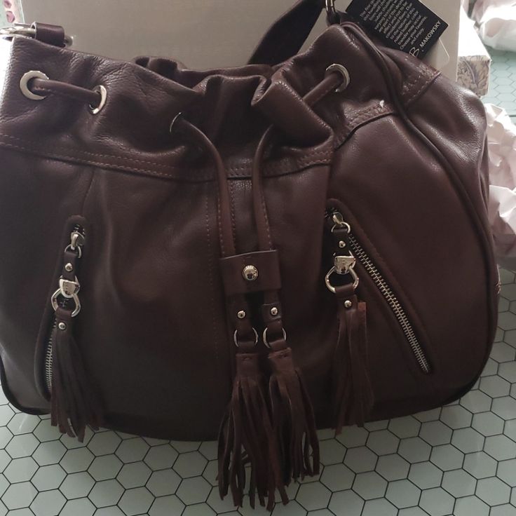 Brown With Silver Hardware. Never Used, New With Tags. Comes With Dust Bag. B Makowsky Handbags, Camo Heels, Frye Handbags, Black High Low Dress, Leather Fringe Purse, Large Hobo Bag, Hobo Tote Bag, Large Leather Bag, Silver Bags