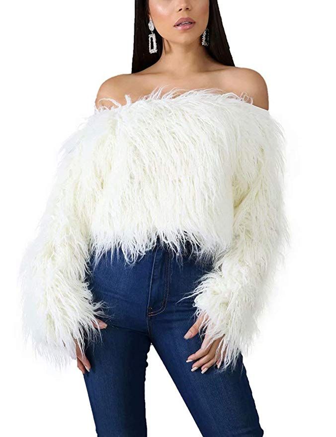 Remelon Women's Faux Fur Pullover Sexy Off Shoulder Long Sleeve Sweaters Shaggy Crop Tops at Amazon Women’s Clothing store Oversized Crop Top, Fur Top, Faux Fur Sweater, Fur Sweater, Women Sweaters Winter, White Faux Fur, Crop Top Sweater, Sweater Fashion, Long Sweaters