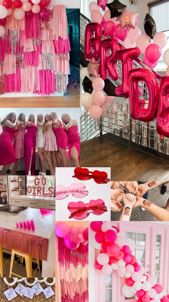 a collage of pink and red balloons, streamers, and decorations for a party