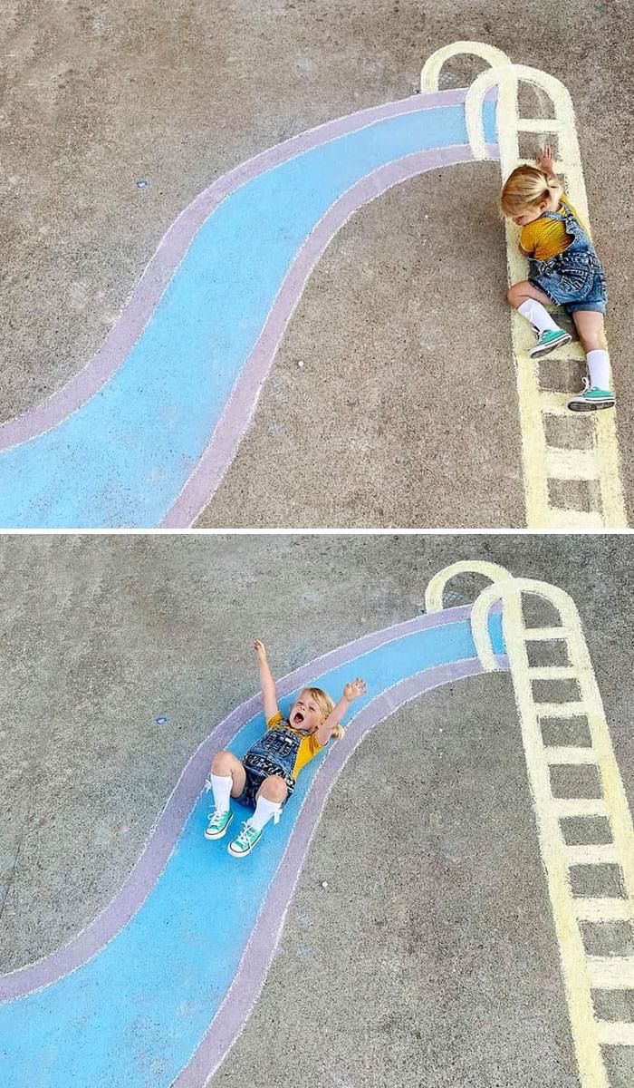 two photos of a toddler playing on a slide