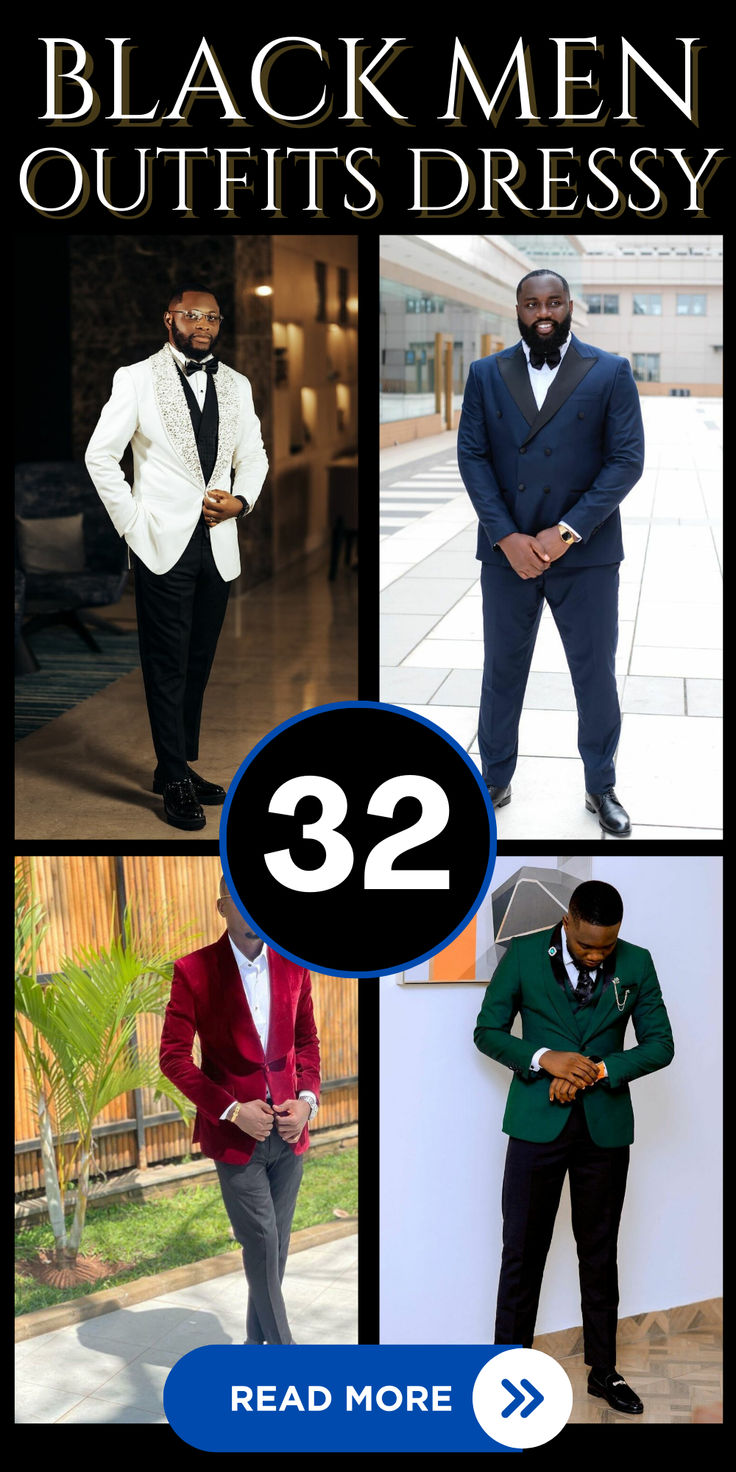 Discover 32 fashionable and versatile black men outfits that exude style and sophistication. From casual streetwear to sharp formal ensembles, these outfit ideas cater to various occasions and preferences. Elevate your wardrobe with these trendy and dapper looks designed to make a statement. #blackmenfashion #menswear #stylishoutfits #fashionformen #mensfashioninspiration Dinner Party Suits Men, Gala Men’s Outfit, Cocktail Dress Classy Evening Men, Dinner Outfit Ideas Men, Mens Formal Wedding Guest Outfit, Black Men’s Holiday Outfit, Black Men Wedding Attire Guest, Mens Gala Attire For Men, Men’s New Years Eve Outfit