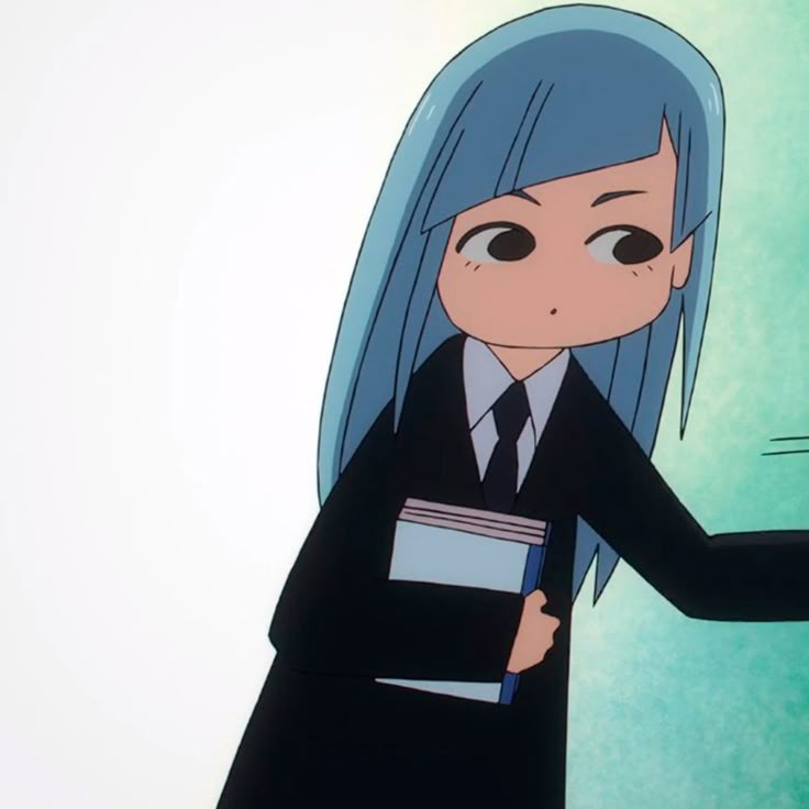 an anime character with blue hair holding a binder