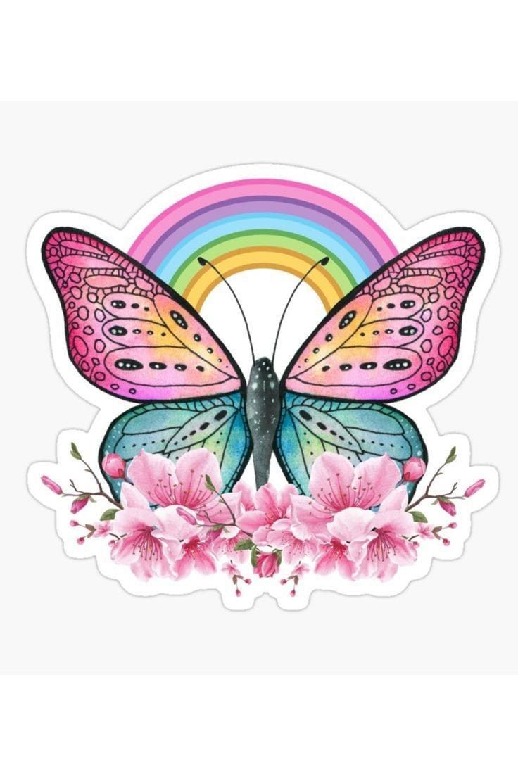 a colorful butterfly with pink flowers and rainbows on it's wings sticker