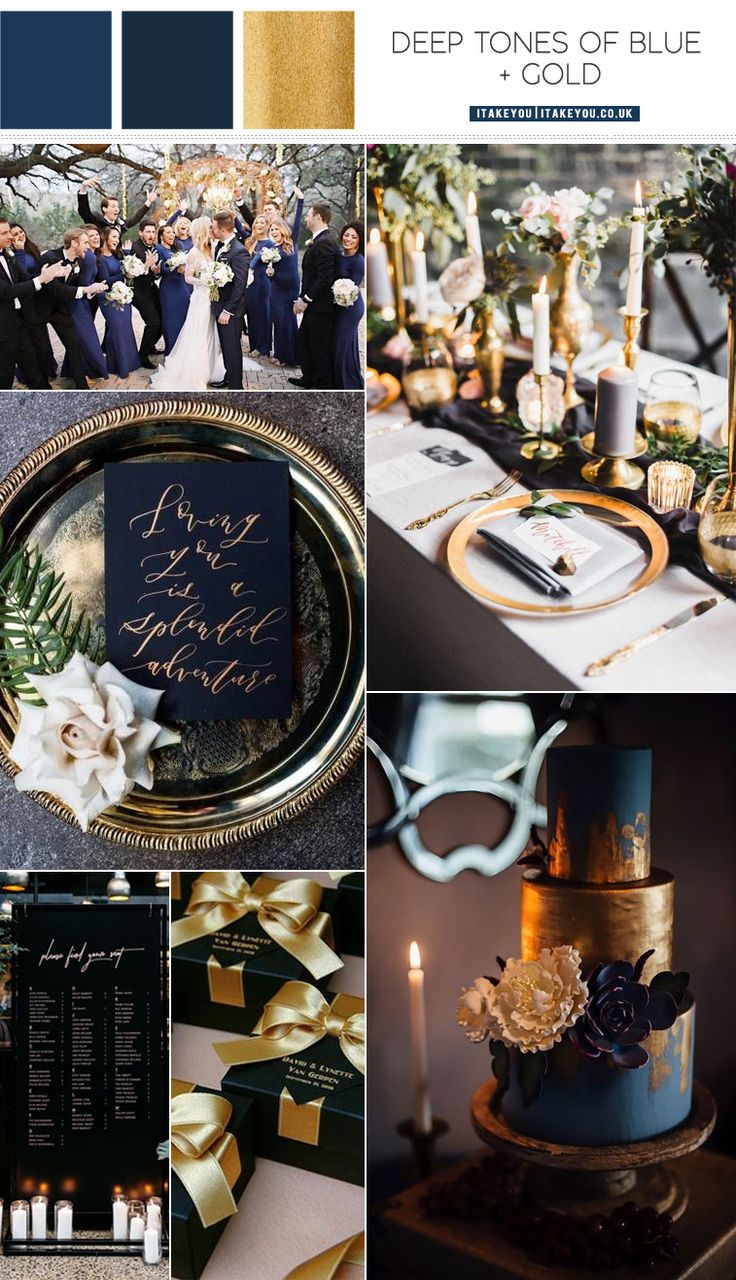 a collage of photos with gold, black and blue colors in the theme of deep tones