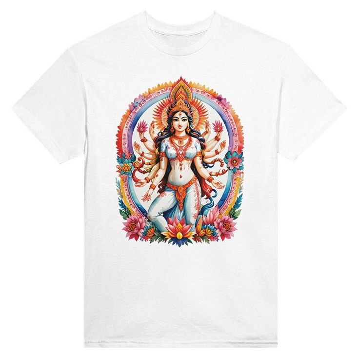 Durga, Hindu Art T-Shirt The 100% cotton men's classic tee will help you land a more structured look. It sits nicely, maintains sharp lines around the edges, and goes perfectly with layered streetwear outfits. Plus, it's extra trendy now! * 100% cotton * Fabric weight: 5.0-5.3 oz/yd² (170-180 g/m²) * Open-end yarn * Tubular fabric * Taped neck and shoulders * Double seam at sleeves and bottom hem Size guide ➤ Click here to visit our homepage: https://www.etsy.com/shop/HOPIplusEARTH Graphic Tee Short Sleeve T-shirt For Festivals, Festival Graphic Tee With Short Sleeves, Graphic Tee T-shirt For Festivals With Crew Neck, Festival Graphic Tee With Crew Neck, Artistic Pre-shrunk Relaxed Fit T-shirt, Artistic Relaxed Fit Pre-shrunk T-shirt, Graphic Tee T-shirt With Graphic Print For Festivals, Artistic White Cotton T-shirt, White Artistic Crew Neck T-shirt