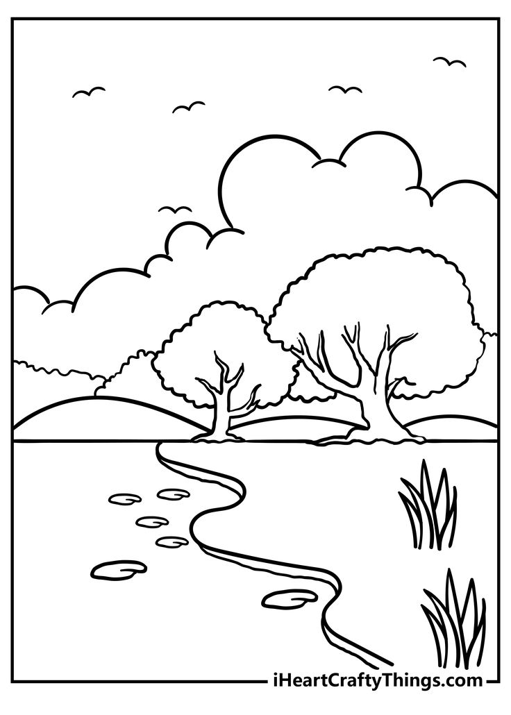 a coloring page with trees and water