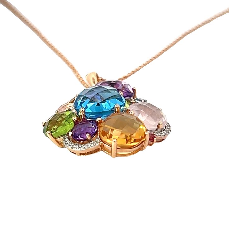 Gorgeously crafted with 14K Rose Gold, this shimmering necklace features a stunning combination of precious diamonds, amethyst, citrine, blue topaz, and peridot. Revel in luxe elegance and make a statement with this timeless piece! Jewelry Style : Pendant w/ Chain Metal Type : 14K Rose GoldBrand : EffyStone Type : Multi StoneMulti Stone Weight : 12 ctwDiamond Stone Weight : 0.14 ctwColor : H-IClarity : SI2-I1 Multi Gemstone Necklace, Chain Diamond, Jewelry Style, Multi Stone, Stone Pendants, Gemstone Necklace, Timeless Pieces, Blue Topaz, Citrine