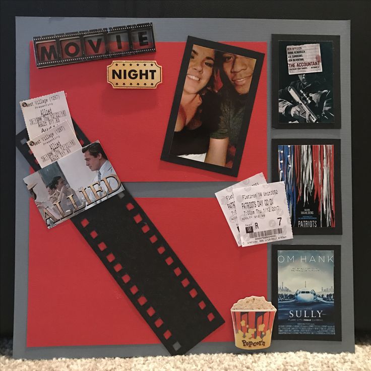 a bulletin board with pictures, movies and movie tickets attached to the side of it