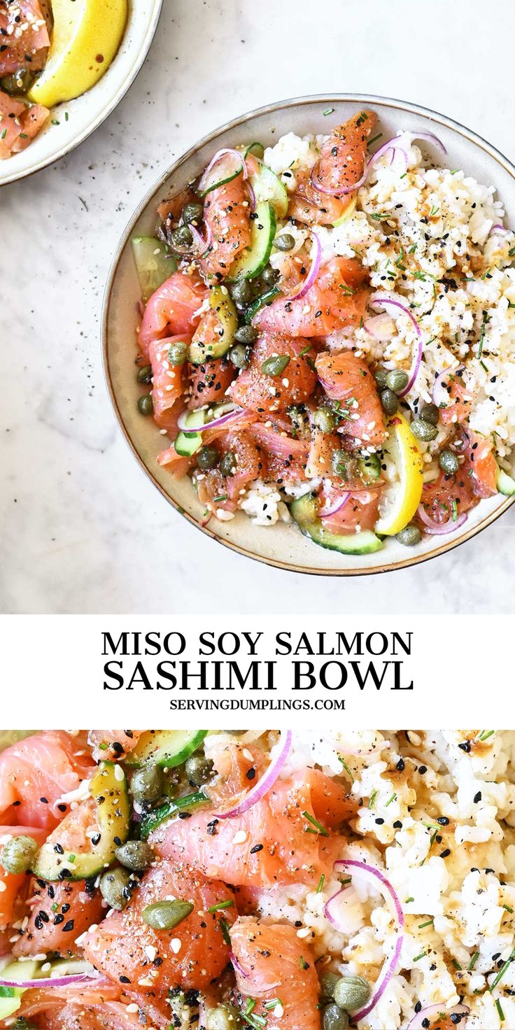 two bowls filled with salmon and rice next to lemon wedges on top of each other