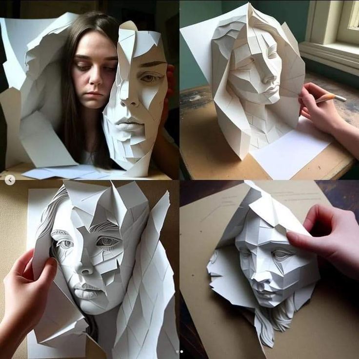 four different views of a woman's face made out of paper