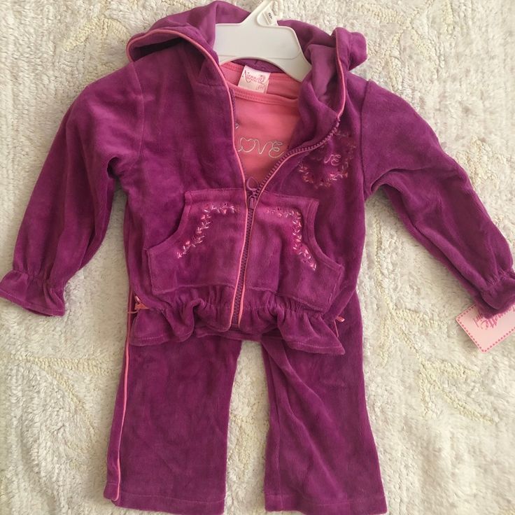 Purple With Pink Trim 3 Pc Velour Track Suit With Pink Long Sleeve Shirt. Cute Purple Loungewear Sets, Playful Purple Long Sleeve Sets, Purple Cotton Playwear Sets, Cute Purple Cotton Sets, Playful Fitted Purple Sets, Playful Purple Playtime Set, Purple Fitted Sets For Playwear, Cute Long Sleeve Purple Sets, Cute Purple Long Sleeve Sets