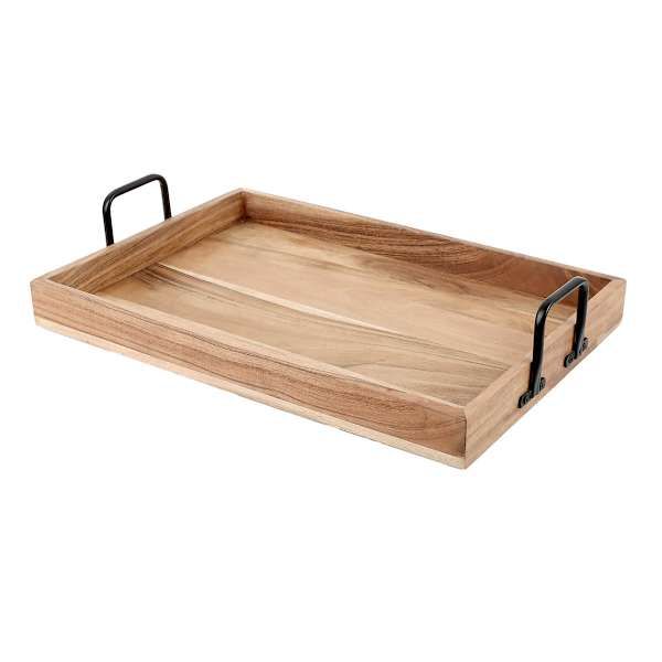 a wooden tray with two black handles