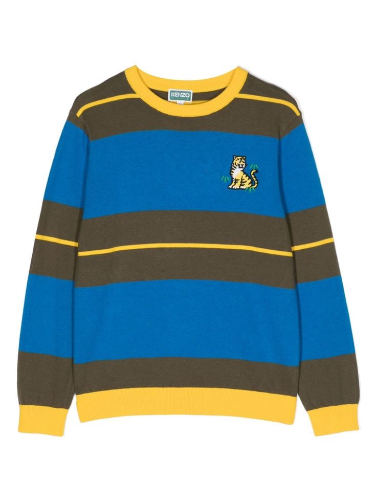 blue cotton-wool blend fine knit patch detail logo print to the rear ribbed trim round neck long sleeves straight hem stripe detailing Striped Sweatshirt, Striped Sweatshirts, Kenzo Kids, Winter Tops, Kids Logo, Boys Hoodies, Cotton Wool, Boys Top, Logo Print