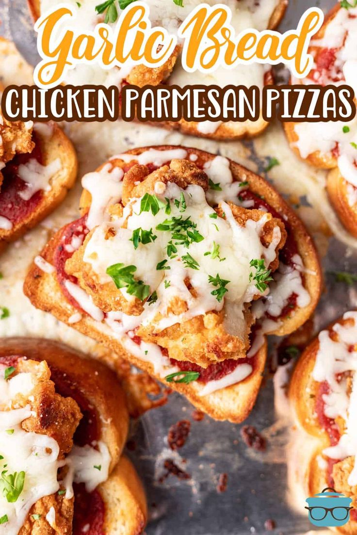 garlic bread chicken parmesan pizzas with text overlay