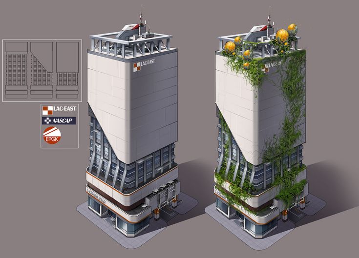 a tall building with plants growing out of it's sides and on the top