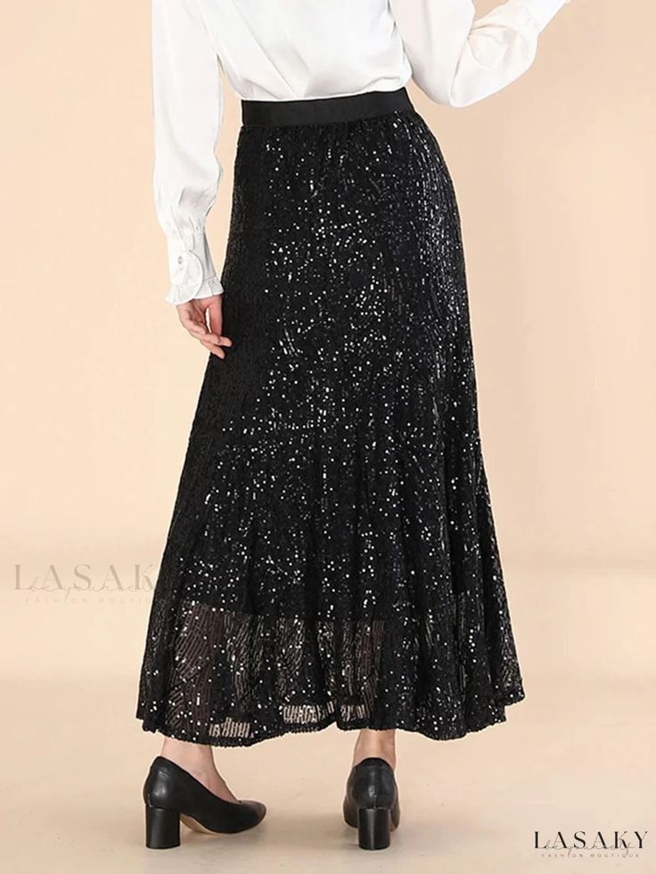 Persephone Sequined Skirt Elegant Stretch Sequin Skirt, Long Black Sequined Skirt, Elegant Stretch Skirt With Sequins, Black Long Sequin Skirt, Fitted Flared Skirt With Sequins, Sequined Skirt, Elegant Skirt, Cargo Trousers, Sequin Skirt