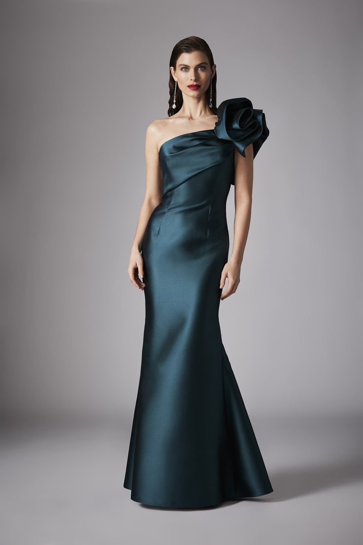 Strapless high low gown Draped bodice with wide waistband High low skirt silhouette Hidden back zipper Satin Lined Evening Dresses Elegant Glamour Satin, Dramatic Skirt, Couture Evening Dress, High Low Gown, Draped Bodice, Bridal Jumpsuit, Alabama Weddings, Terani Couture, One Shoulder Gown