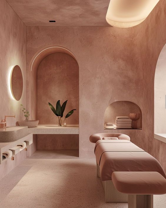 a spa room with pink walls and stone flooring