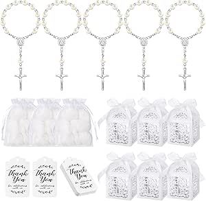 a set of six white plastic bags with cross charms and tags on them, all tied together