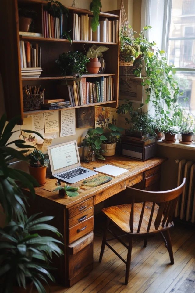 a wooden desk topped with a laptop computer next to a potted plant and bookshelf