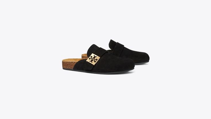 Suede Mellow Mule: Women's Designer Flats | Tory Burch Tory Burch Slippers, Shopping Shoes, Golden Logo, Buckled Flats, Pumped Up Kicks, Designer Flats, Suede Mules, Loafers Style, Black Loafers