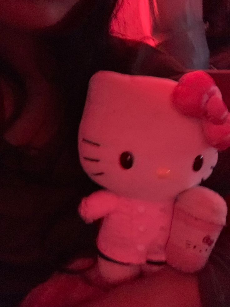 a hello kitty stuffed animal sitting on top of a person's lap in front of a red light