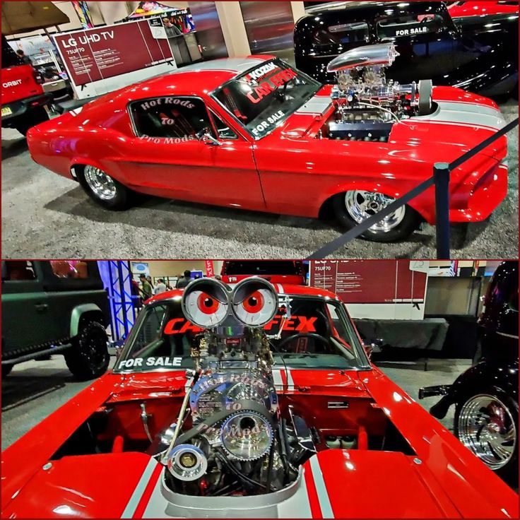 two pictures of an old red car on display