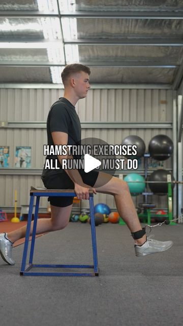 a man sitting on top of a blue bench in a gym with the words hamstring exercises all run must do