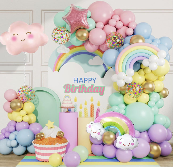 a birthday party with balloons, cake and decorations