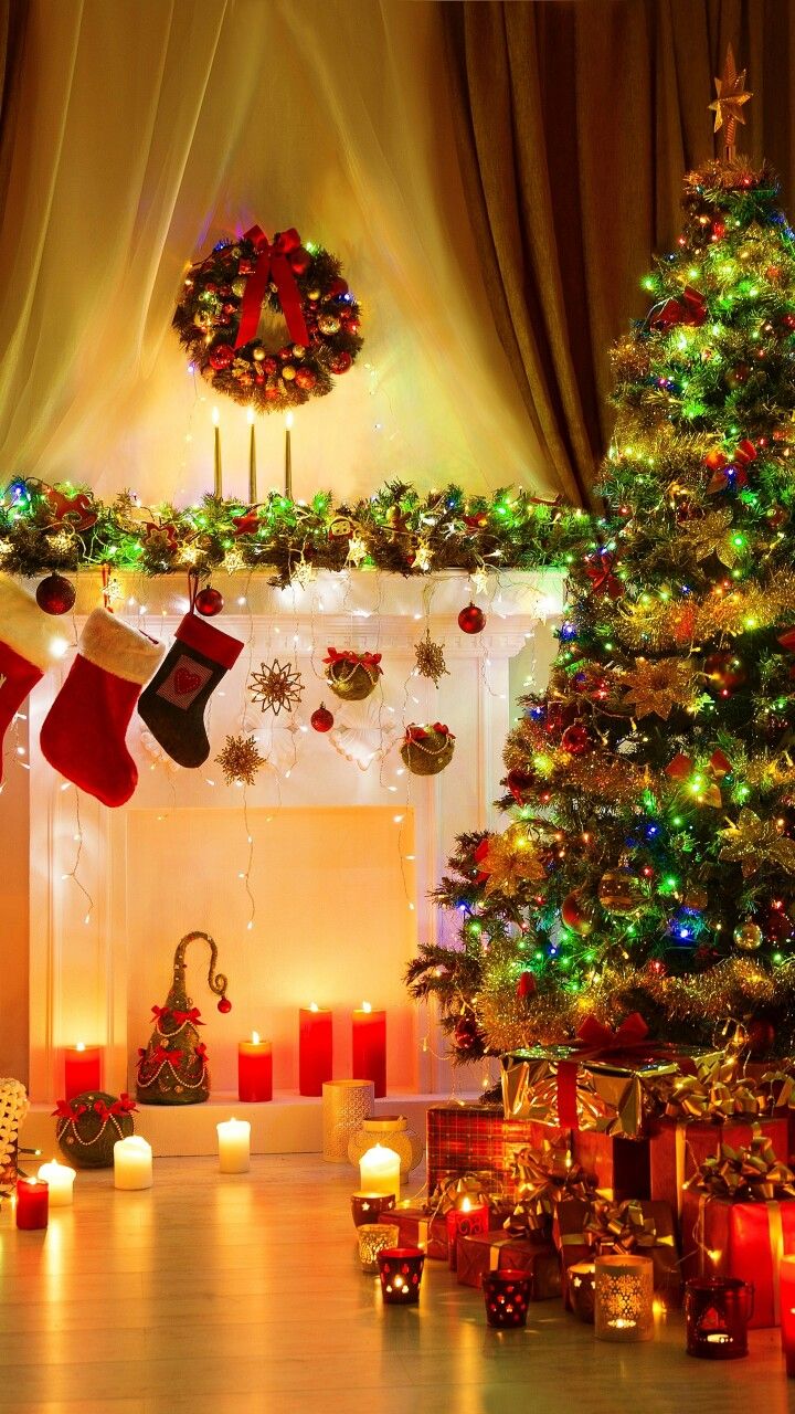 a decorated christmas tree sitting in front of a fireplace