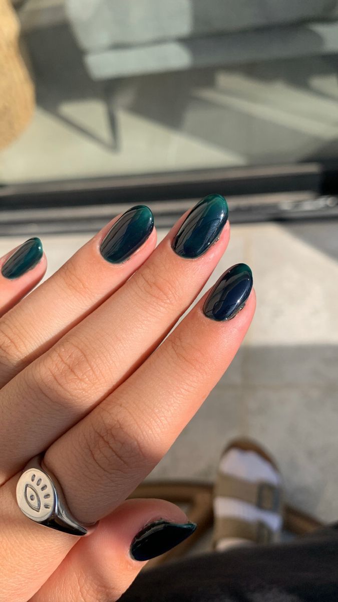 Single Colored Nails, Round Nails Aesthetic, Dark Green Oval Nails, Solid Colour Nail Ideas, Greenish Blue Nails, Nail Colours For Pale Skin, Pale Skin Nails, Solid Colored Nails, Nail Inspo Solid Color