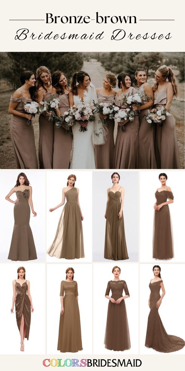 the bridesmaid dresses are different colors and styles, but they're brown