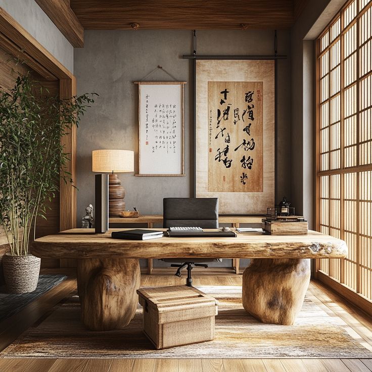 a wooden table sitting in the middle of a room