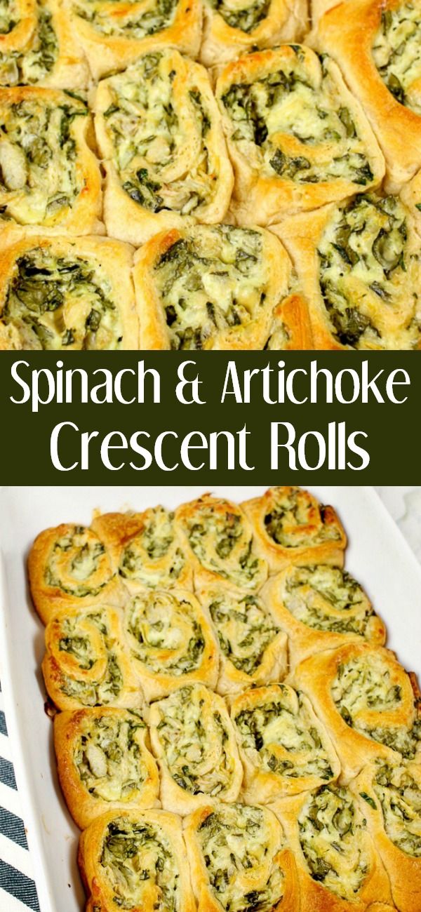 spinach and artichoke crescent rolls in a white baking dish with text overlay