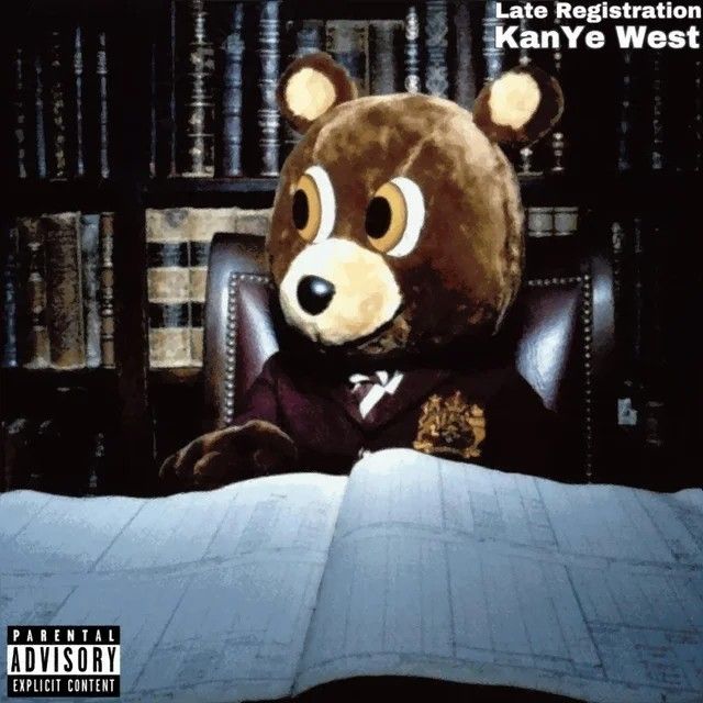 a teddy bear sitting in an office chair next to a book with the caption late registration kaneye west