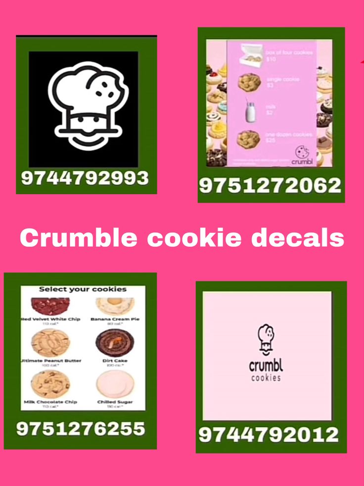 some cookies are on a pink background with green trimmings and the words crumble cookie decals