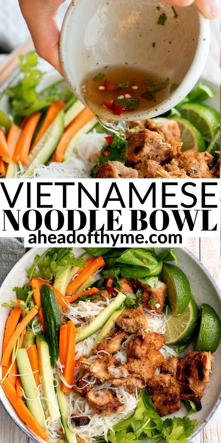 this vietnamese noodle bowl is loaded with vegetables, meats and herbs for a healthy lunch