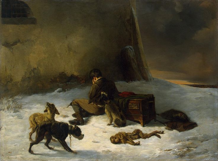 a man sitting in the snow with two dogs and three dead bodies on the ground