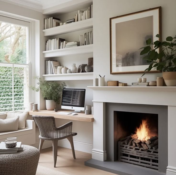 a living room filled with furniture and a fire place in front of a large window