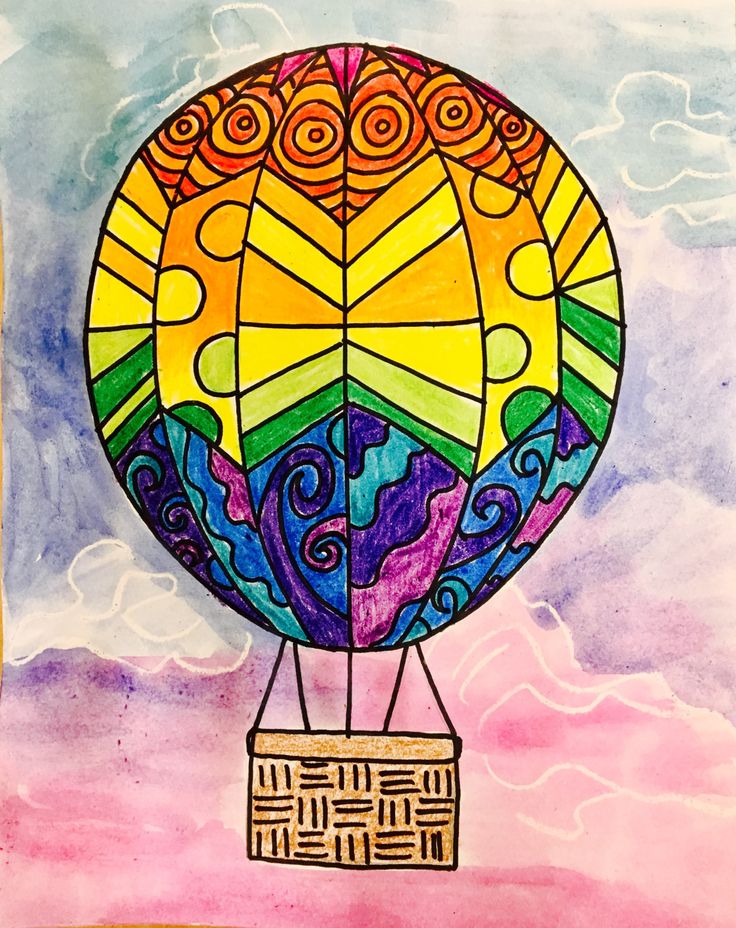 a drawing of a colorful hot air balloon in the sky with clouds and sun on it