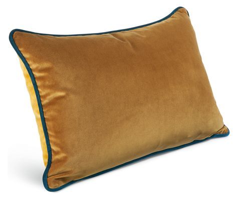 a brown and blue pillow on a white background