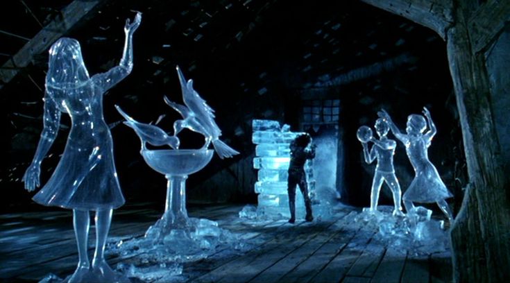 some ice sculptures are in the dark