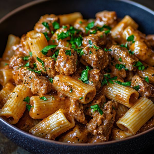 a bowl filled with pasta and meat covered in sauce