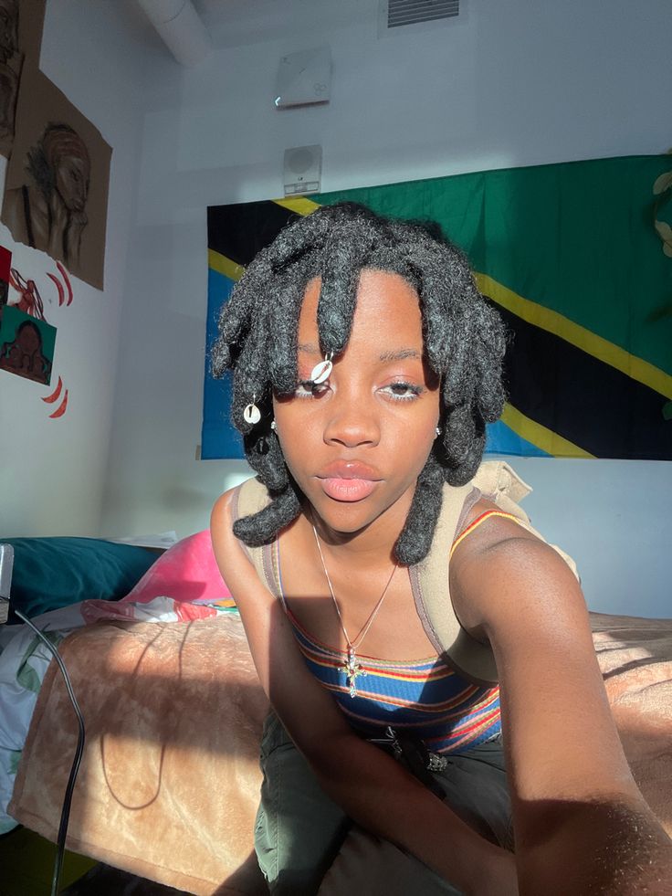 Black girl aesthetic, indie aesthetic, grunge, black girl locs, locs, waist beads, wicks, earthy black girl, earthy black girl, wicks on women, black women wicks, big locs, dreads, small wicks Wicks Hair Reference, Wick Locs On Women, Wicks Hairstyle, Thick Locs On Black Women, Hair Wicks, Wick Locs, Wicks Hair, Wicks Dreads, Big Locs